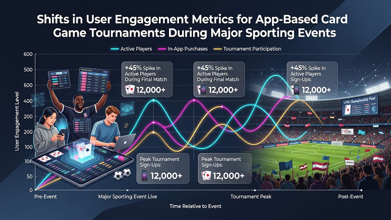 Analytics charts displaying engagement drops and retention curves for card game apps around sports event timelines
